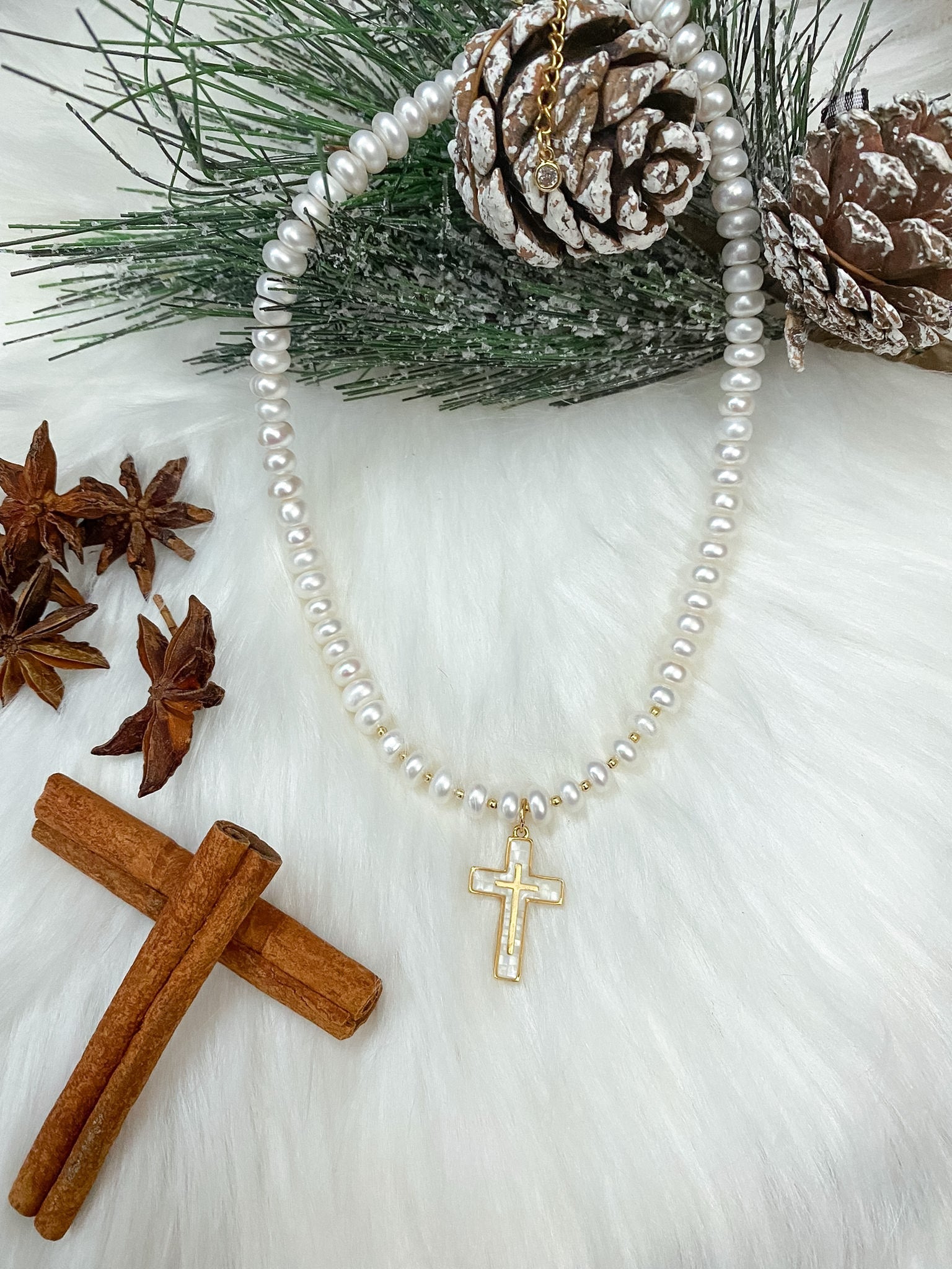 Pearl Necklace with Silver Cross